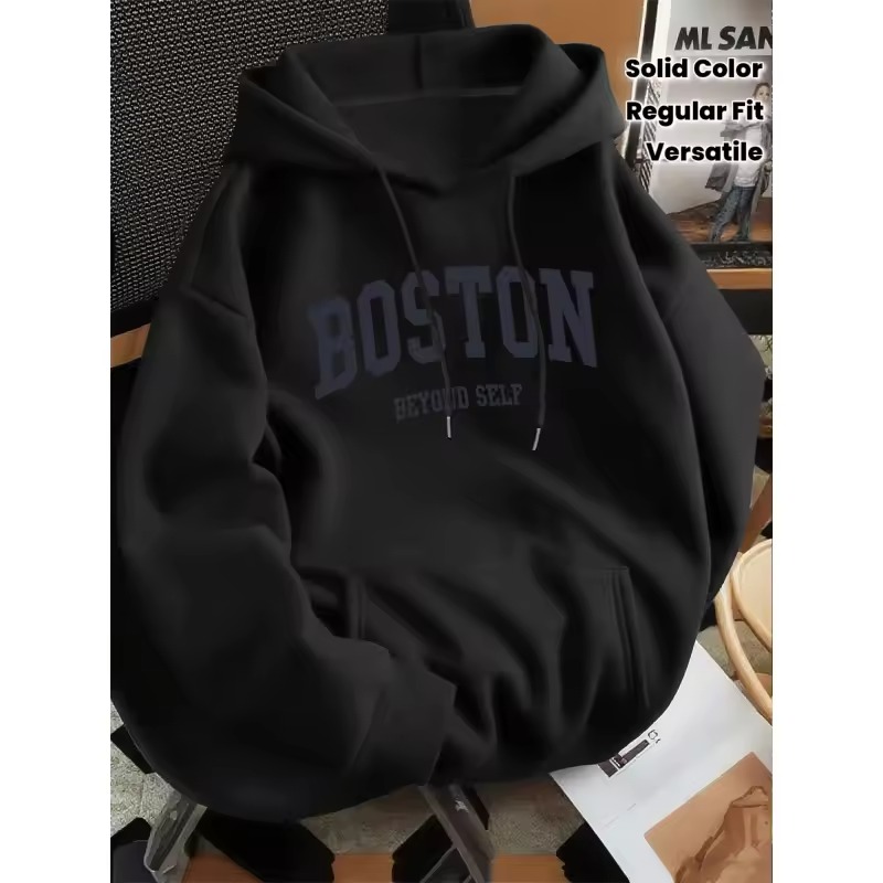 Moletom masculino com capuz e estampa vintage de alta qualidade, estilo Boston Letter, ajuste regular, moderno, casual, exclusivo e versátil.