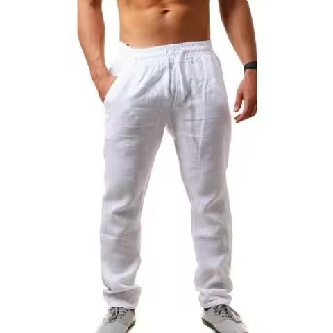 Calças casuais respiráveis masculinas verão cor sólida cintura elástica solta fitness leve calças de perna larga streetwear